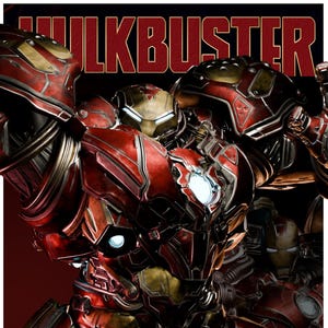 Może przedstawiać: Szczegółowy obraz zbroi Hulkbuster, głównie czerwonej i złotej, ze skomplikowanymi mechanicznymi detalami. Obraz zawiera tekst "HULKBUSTER" u góry. Zbroja jest w dynamicznej pozie, sugerującej akcję i moc, z niebieskimi i białymi światłami.