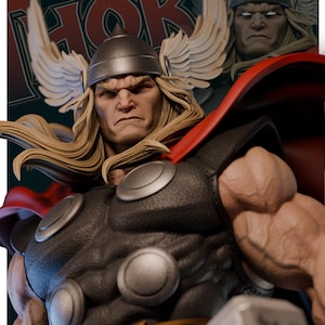 May include: A detailed statue of Thor, a superhero with long blonde hair, a silver helmet, and a red cape. He wears a black and silver armored suit with a gold belt and holds a silver hammer. The background features the word "THOR".