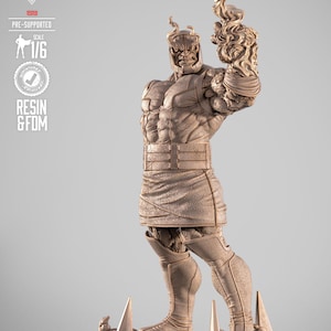 May include: A detailed resin statue of a muscular, horned figure in a battle pose. The figure is wearing a belt and boots, and is standing on a detailed base. The statue is a 1/6 scale model.