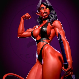 Puede incluir: Una figura de piel roja con cuernos, orejas puntiagudas y ojos amarillos, flexionando un bíceps. La figura lleva un bikini negro y sostiene un arma. El fondo es un degradado de púrpura.