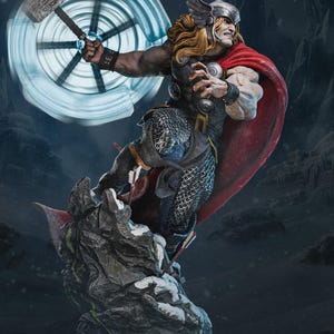 May include: A detailed statue of Thor, the Marvel Comics superhero, in a dynamic pose. He wears a helmet, armor, and a red cape, wielding a glowing hammer and a blue energy disc. The statue is set on a rocky base with snow, and the text "AVAILABLE ON PATREON" is visible.