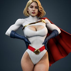 Può includere: Una figura di una donna bionda in un body bianco con cintura e mantello rossi. Il body ha uno scollo a forma di buco della serratura ed è abbinato a guanti blu. Un'emblema dorato è sulla cintura e sul mantello.