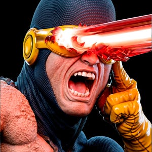Puede incluir: Primer plano de Cíclope de X-Men, con un rayo de energía roja que emana de su visor con borde amarillo. Lleva un traje azul y negro y guantes amarillos. La cara del personaje está contorsionada por el esfuerzo.
