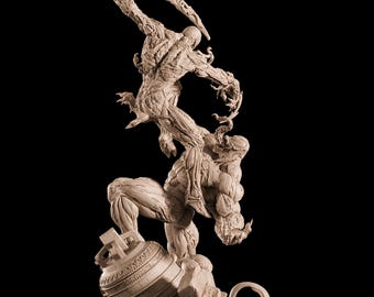 May include: A detailed sculpture of two muscular figures in a dynamic pose, set against a black backdrop. The figures are intricately sculpted with visible muscle definition and textured surfaces, suggesting a battle scene. The sculpture is in shades of beige and brown.