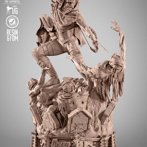 May include: A detailed resin statue of Green Arrow in a dynamic action pose, battling a zombie-like figure. The statue is a 1/6 scale model, with intricate details on the characters and base. The base features the Green Arrow logo.