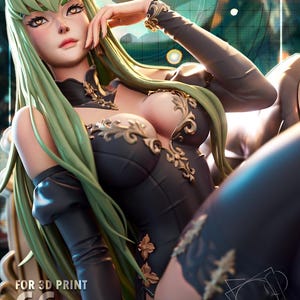 May include: A detailed 3D-printed figure of a woman with long, light green hair and a black dress with gold accents. The figure is posed in a relaxed position, with the text "FOR 3D PRINT" and "C.C." visible at the bottom.