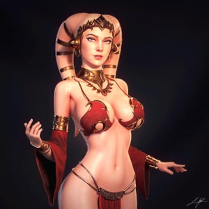Pode incluir: Uma renderização de arte digital de uma figura feminina em um traje vermelho e dourado. A figura tem um adorno de cabeça e joias detalhadas. O traje inclui um top de biquíni, braceletes e uma saia. O fundo é escuro.