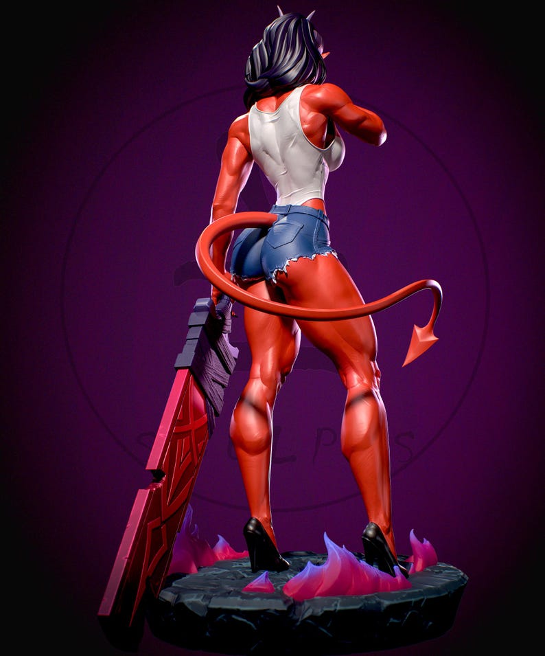 May include: A red-skinned demon figure with black hair, wearing a white tank top and denim shorts. The figure holds a large red sword and has a long tail. The figure is standing on a rocky base with purple flames.