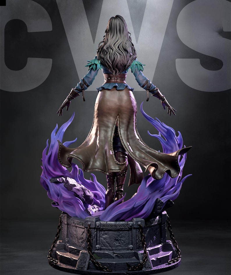 May include: A detailed statue of a woman with long gray hair, wearing a blue top, brown skirt, and boots. She stands on a stone base with purple flames. The statue has a dramatic pose with arms outstretched.
