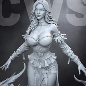 May include: A grayscale sculpture of a woman in a fantasy outfit. The figure has long wavy hair, a choker necklace, and a detailed bodice with a skirt. The sleeves are long and adorned with feathers. The background has the letters "CWS".