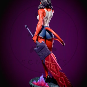 May include: A red-skinned fantasy figure with black hair, horns, and a tail, wearing a white tank top and denim shorts, holding a large red and gray sword. The figure stands on a rocky base with purple flames.