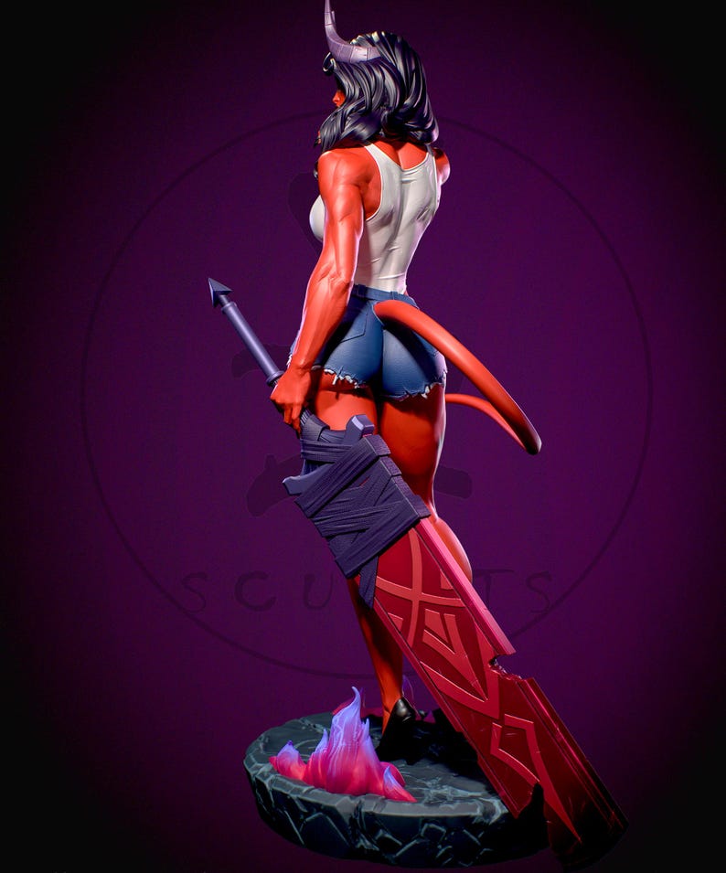 May include: A red-skinned fantasy figure with black hair, horns, and a tail, wearing a white tank top and denim shorts, holding a large red and gray sword. The figure stands on a rocky base with purple flames.