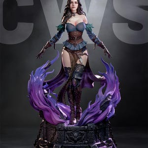 May include: A detailed statue of a woman in fantasy attire, featuring a blue top, brown corset, and long brown boots. The figure stands on a stone base with purple flame-like accents. The statue has long dark hair and is posed with outstretched arms.
