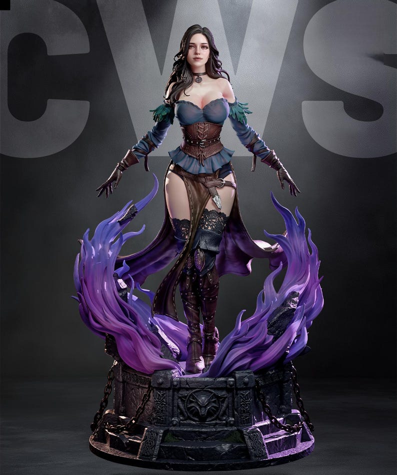 May include: A detailed statue of a woman in fantasy attire, featuring a blue top, brown corset, and long brown boots. The figure stands on a stone base with purple flame-like accents. The statue has long dark hair and is posed with outstretched arms.