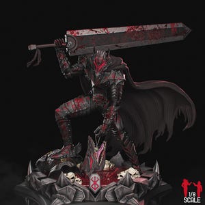 May include: A detailed figurine of a warrior in black armor, holding a large, blood-stained sword. The figure is posed on a detailed base with skulls and a symbol. The figure is 1/8 scale.