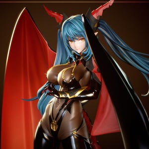 Può includere: Statuetta dettagliata di un personaggio femminile con capelli blu, occhi gialli e un abito nero e marrone. La figura ha grandi ali rosse e una collana a catena d'oro. Lo sfondo è una sfumatura di marrone e oro.