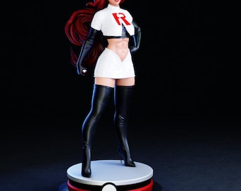 May include: A 3D-printed figurine of a character with long red hair, wearing a white crop top with a red "R", a white skirt, and black thigh-high boots. The figure is standing on a round base with a red and black design.