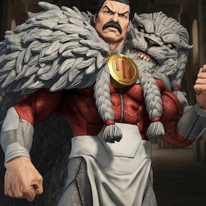 May include: A muscular figure with a dark mustache wearing a red textured bodysuit, a white waist wrap, and silver wrist guards. A large grey lion pelt with yellow eyes rests over the shoulders, secured by a gold circular medallion with three red lines.