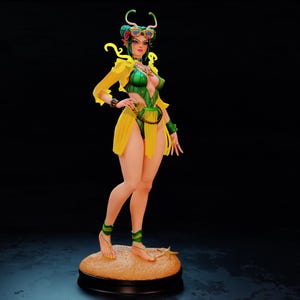 May include: A detailed figurine of a woman in a green and yellow outfit, with sunglasses and a floral headpiece. The figure is standing on a tan base with a black pedestal, set against a dark background.