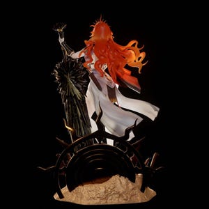 May include: A collectible figurine featuring a figure with long, flowing orange hair, wearing a white garment. The figure holds a large, dark, textured sword-like object. The base is a dark, circular, spiked structure set upon a textured tan mound.