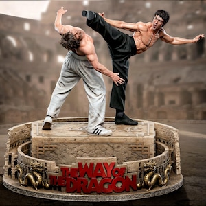 May include: A detailed resin and FDM statue depicting a martial arts scene. Two figures are posed in mid-action on a stone platform with the words "THE WAY OF THE DRAGON" in red. The base features golden dragon accents.