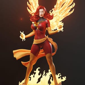 Puede incluir: Figura detallada de un personaje con cabello rojo y un body rojo y amarillo. La figura tiene alas de fuego y está de pie sobre una base con llamas. El personaje sostiene llamas en cada mano.