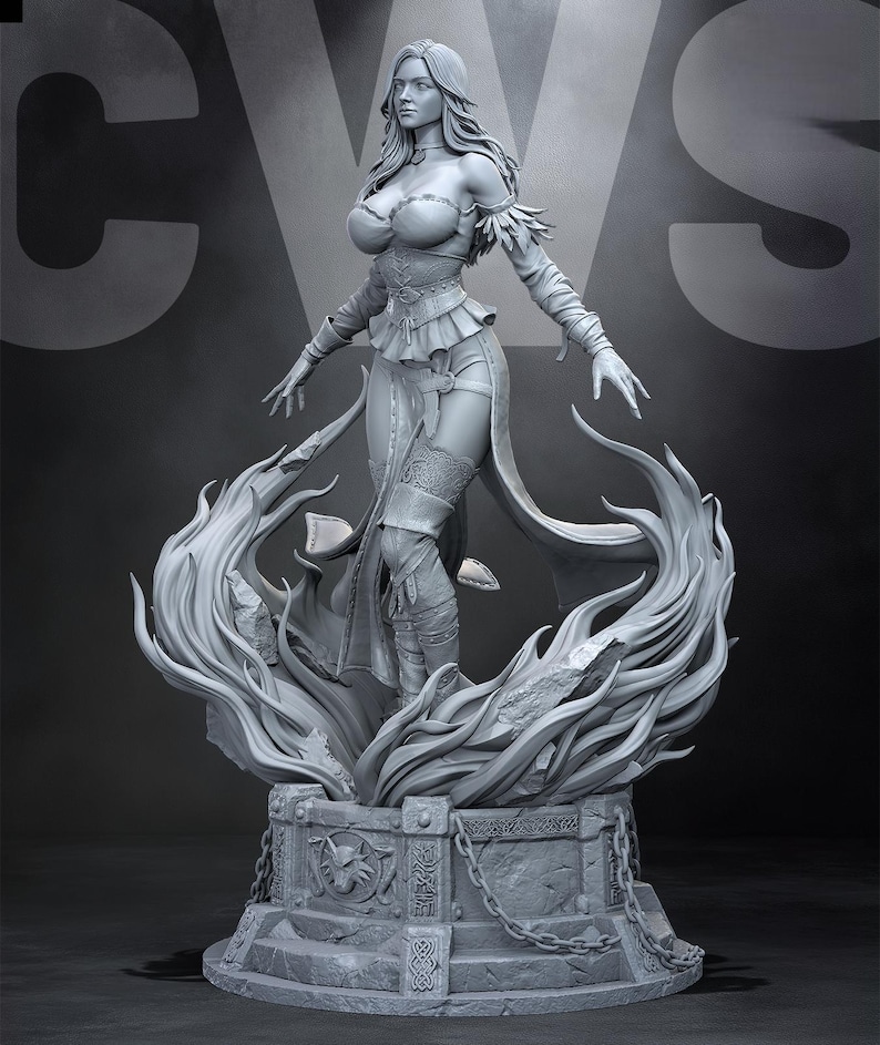 May include: A gray statue of a woman with long hair, wearing a detailed outfit, standing on a pedestal with flames. The statue has outstretched arms and is surrounded by stylized flames, with intricate details.