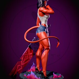May include: A red-skinned figure with horns and a tail, wearing a white top and denim shorts, stands on a stone base with flames. The figure holds a large red sword. Black high heels complete the look.