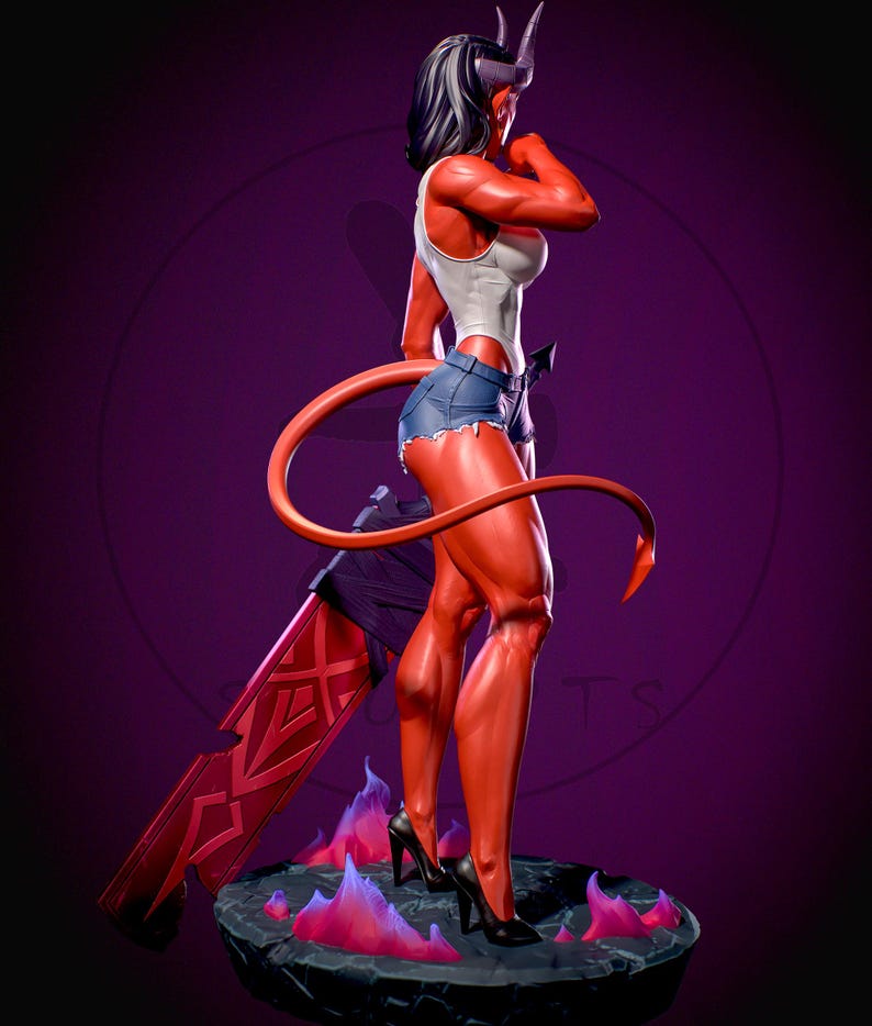 May include: A red-skinned figure with horns and a tail, wearing a white top and denim shorts, stands on a stone base with flames. The figure holds a large red sword. Black high heels complete the look.
