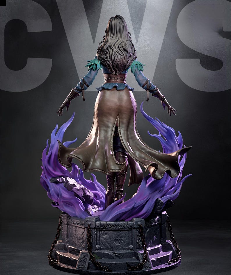 May include: A detailed statue of a woman with long gray hair, wearing a blue top, brown skirt, and boots. She stands on a stone base with purple flames. The statue has a dramatic pose with arms outstretched.