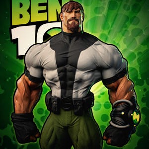May include: A muscular character from the Ben 10 animated series, wearing a black and white top, green pants, and a black belt. The character has a brown beard and a device on their wrist. The background is a green burst with the Ben 10 logo.