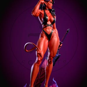 May include: A red-skinned demon figure with black horns, hair, and a revealing black outfit. The figure is holding a weapon and has a long tail. The figure is standing on a rocky base with purple flames.