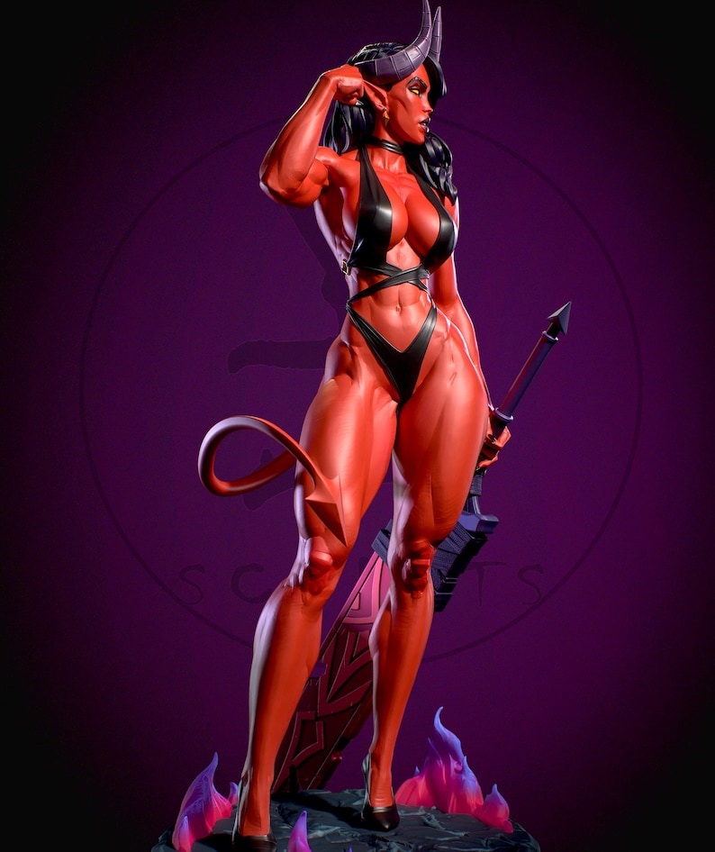May include: A red-skinned demon figure with black horns, hair, and a revealing black outfit. The figure is holding a weapon and has a long tail. The figure is standing on a rocky base with purple flames.