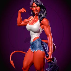 May include: A red-skinned demon figure with black hair, horns, and a tail. She wears a white tank top and denim shorts, flexing her arm. She holds a large, dark blue weapon. The background is a gradient of purple.