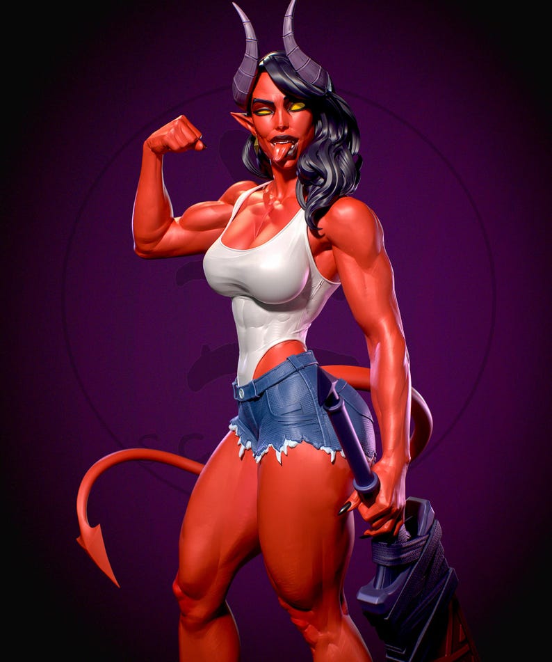 May include: A red-skinned demon figure with black hair, horns, and a tail. She wears a white tank top and denim shorts, flexing her arm. She holds a large, dark blue weapon. The background is a gradient of purple.