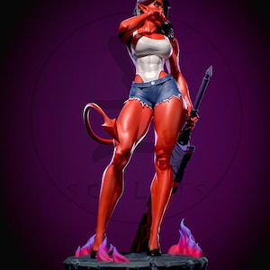 May include: A red-skinned figurine of a female demon with horns, a tail, and a sword. She wears a white top, denim shorts, and black heels. The figure stands on a rocky base with purple and pink flames.