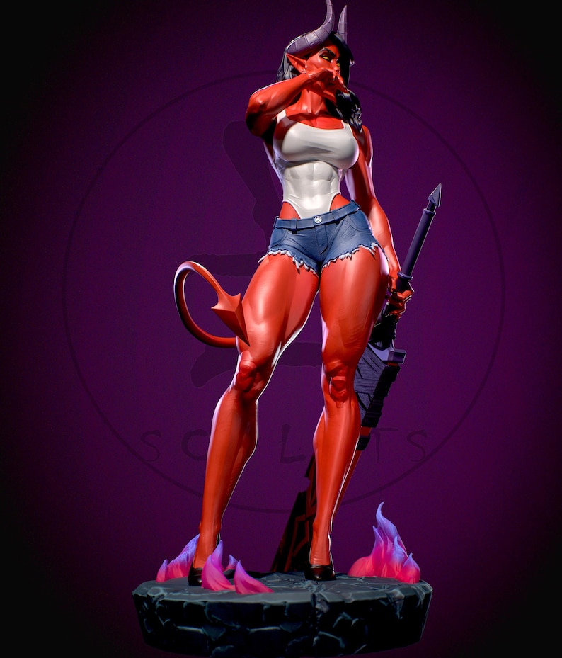 May include: A red-skinned figurine of a female demon with horns, a tail, and a sword. She wears a white top, denim shorts, and black heels. The figure stands on a rocky base with purple and pink flames.