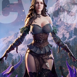May include: A detailed digital illustration of a female character in fantasy attire. She wears a blue top, brown corset, and a long skirt. The background features a mountain range and a blurred forest. The character has long dark hair and is adorned with accessories.