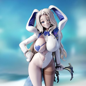 May include: A figurine of a character with long white hair and large rabbit ears, wearing a white bodysuit with a blue heart-shaped accent on the chest, a blue bow tie, and one sheer stocking. The figure holds a dark, multi-pronged accessory.