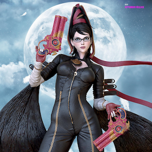 May include: A detailed figurine of a character in a black jumpsuit with gold accents, holding two pink and gold pistols. The character has black hair, glasses, and a red and black headpiece. The background features a full moon and a cloudy sky.