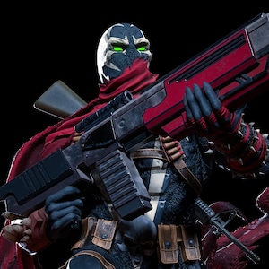 Puede incluir: Figura de acción detallada de Spawn, un personaje de cómic, sosteniendo un arma grande, roja y negra. La figura está vestida con un traje blanco y negro con una capa roja y tiene ojos verdes brillantes. El fondo es negro.