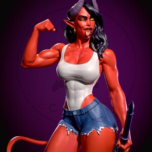 May include: A red-skinned figure with horns, yellow eyes, and black hair flexes a bicep. She wears a white tank top, denim shorts, and holds a dark blue object. The background is a gradient of purple.