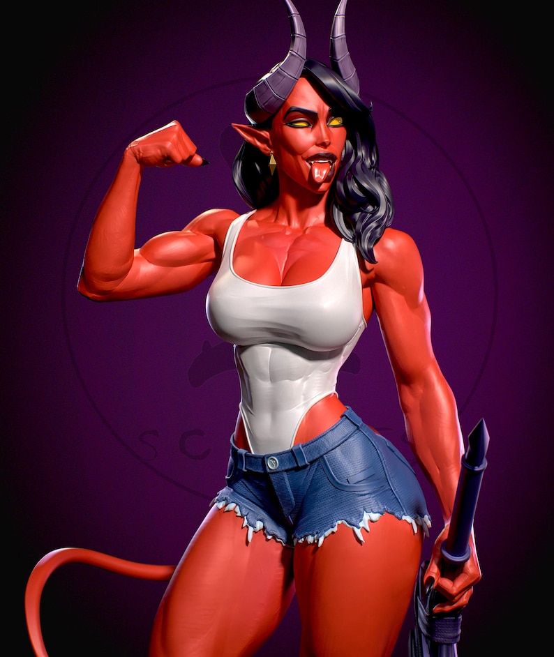 May include: A red-skinned figure with horns, yellow eyes, and black hair flexes a bicep. She wears a white tank top, denim shorts, and holds a dark blue object. The background is a gradient of purple.