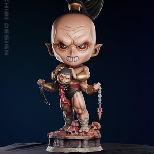 May include: A chibi-style statue of a muscular character with a bald head, red eyes, and a stern expression. The figure is holding a chain weapon and a small figure. The base features skulls and the text "STL FILE AVAILABLE -- PHYSICAL STATUE NOT AVAILABLE ILLUSTRATIVE SIZE IMAGE."