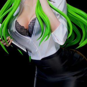 May include: A figurine featuring long, vibrant green hair, wearing a white button-down shirt left partially unbuttoned to reveal a black lace bra underneath, paired with a smooth black skirt. The figure holds a black folder in one hand.