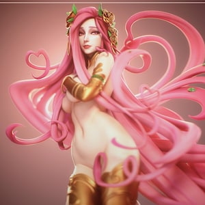 May include: A 3D rendered figure of a woman with long, flowing pink hair and gold accents. She wears a gold arm cuff and leg armor. The figure is adorned with a floral headpiece and has a serene expression. The background is a soft, gradient pink.