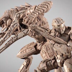 May include: A detailed resin and FDM model of a science fiction scene. A soldier in futuristic armour aims a rifle at a large, alien creature. The model is 1/6 scale and pre-supported and tested.