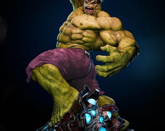 May include: A detailed statue of the Hulk in a dynamic pose, with green skin, purple pants, and a fierce expression. The figure is posed on a detailed base with a metallic, futuristic design. The text "AVAILABLE ON PATREON" is visible.