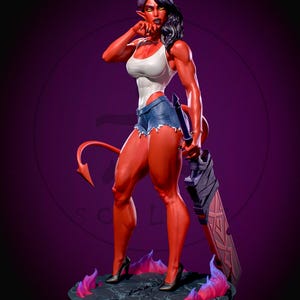 May include: A red-skinned demon figure with horns, a tail, and black hair. She wears a white tank top, denim shorts, and black heels, holding a large sword. The figure stands on a stone base with flames.
