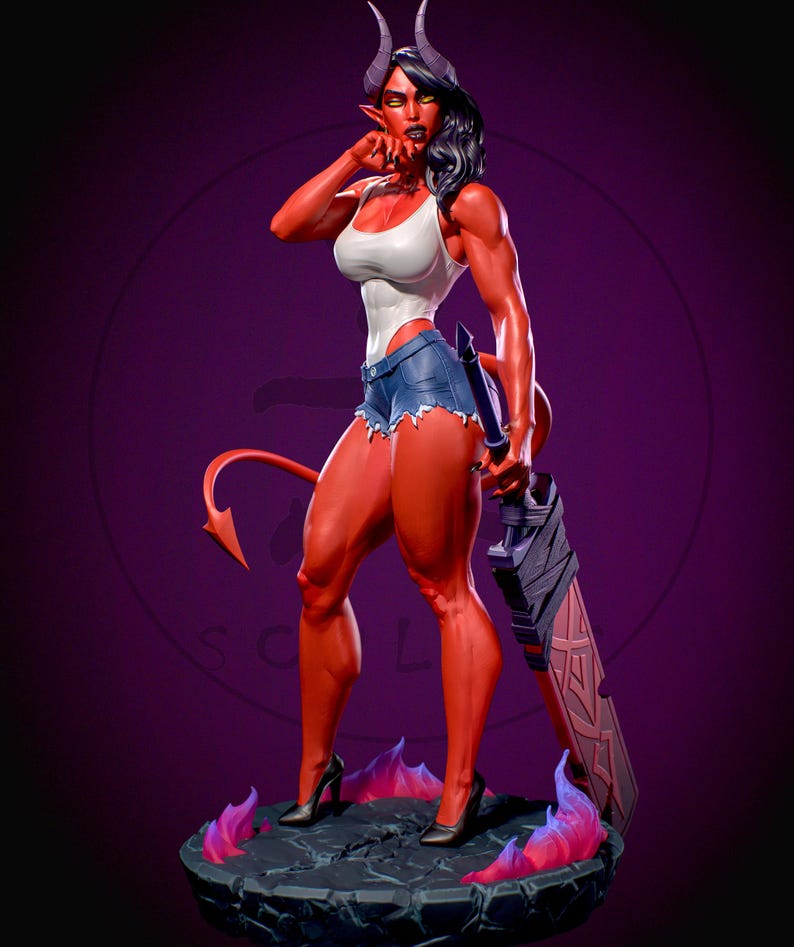May include: A red-skinned demon figure with horns, a tail, and black hair. She wears a white tank top, denim shorts, and black heels, holding a large sword. The figure stands on a stone base with flames.